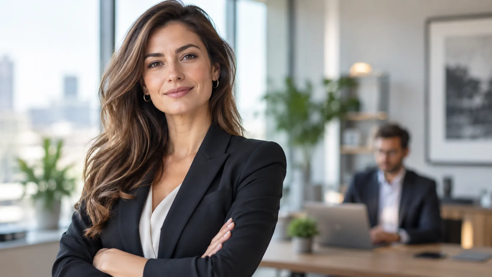 A woman standing in a bright office, with a colleague working in the background