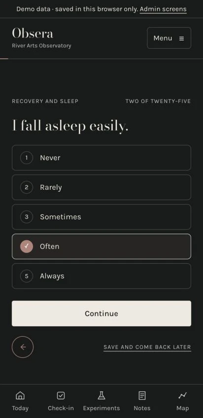 Current Obsera interface: a sleep question with five labelled answers and a Continue button
